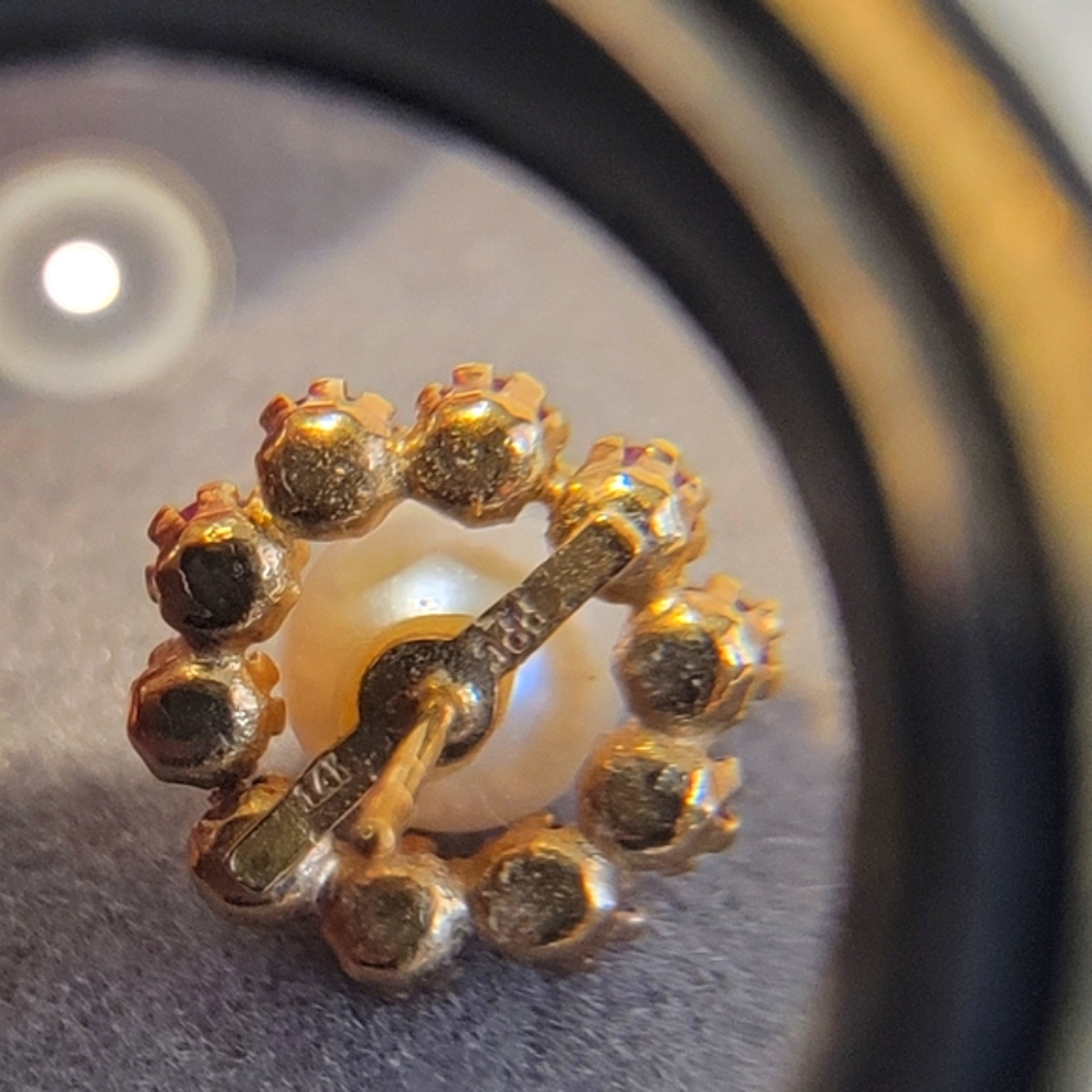 14k Yellow Gold Pearl & Garnet Halo Studs - Picture 3 of 7